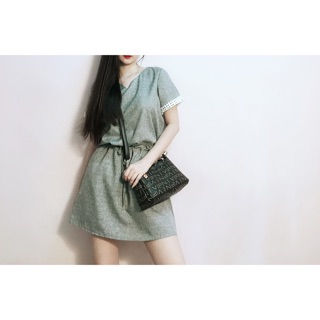 Đầm linen tay ren dây rút eo