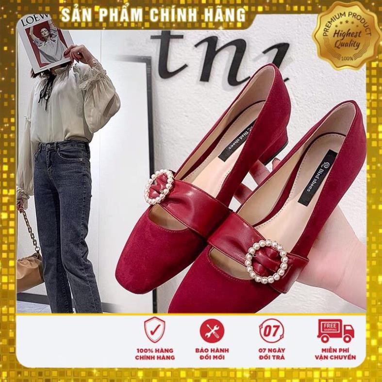 GIÁ GỐC giày gót thấp búp bê bệt gót vuông mũi bo nhọn phối vòng tròn ngọc hạt da lộn satin