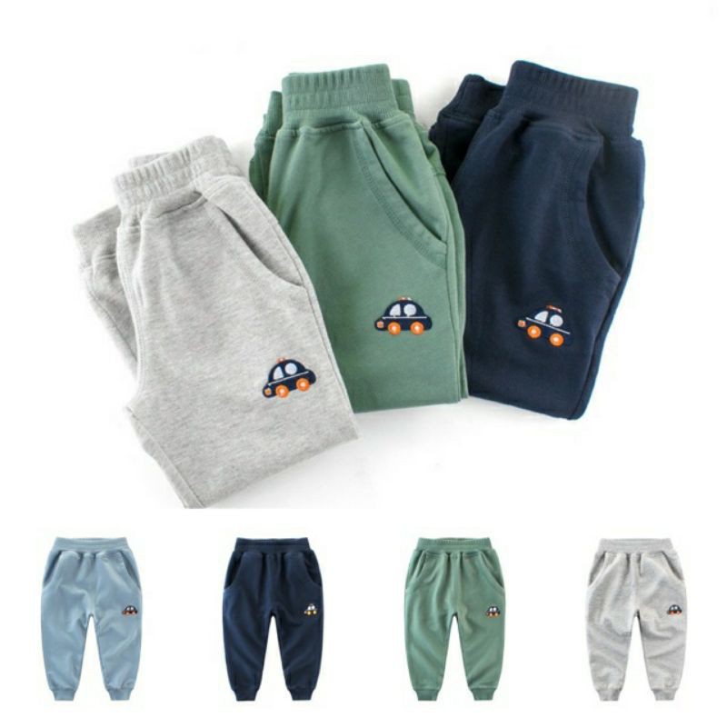 Quần thun bé trai 27KIDS quần dài thêu hình ô tô chất cotton hàng xuất Âu Mỹ