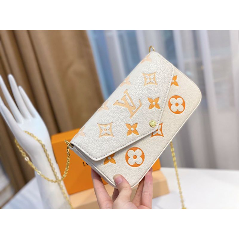 Túi LV Felicie nắp đeo chéo hay cầm tay kèm 2 ví hồng kem