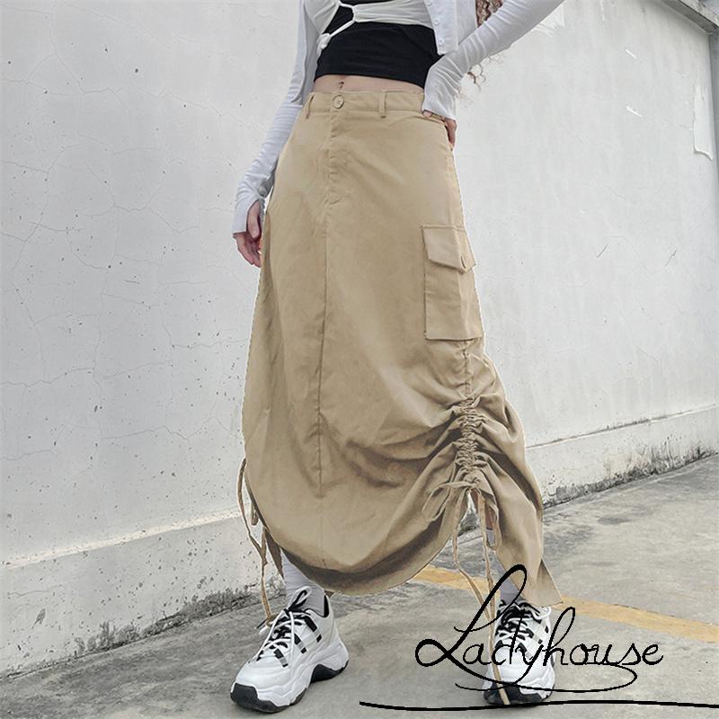 Chân Váy Dài Dáng Rộng Màu Trơn Dây Rút Tùy Chỉnh Thời Trang Mùa Hè Cho Nữ