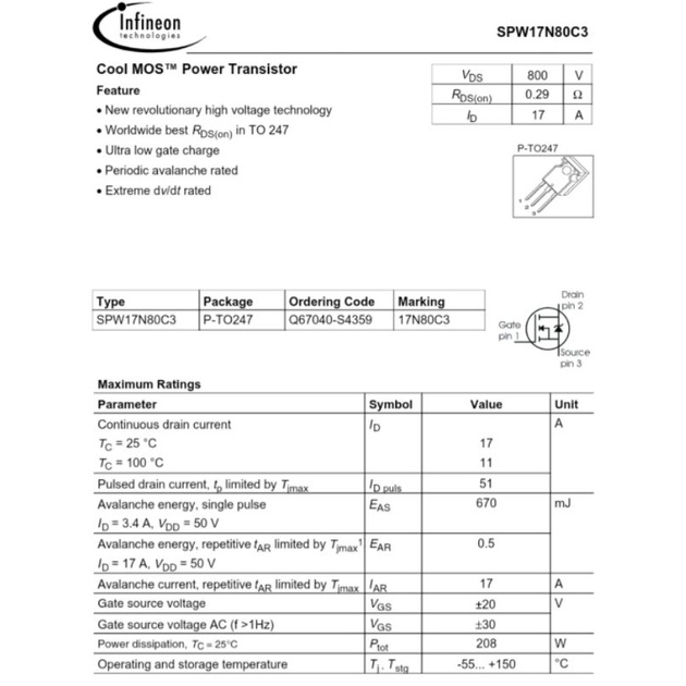 set 2 Mosfet 17N80C3, fet công suất, fet nguồn