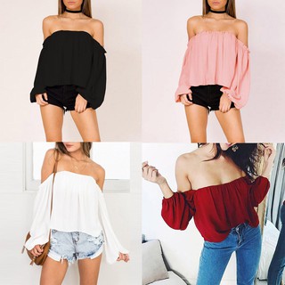 Áo Kiểu Tay Dài Màu Trơn Thiết Kế Trễ Vai Quyến Rũ