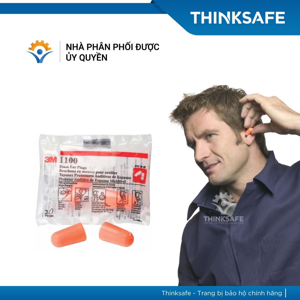 Nút tai chống ồn 3M 1100 cấu tạo từ PU xốp, mềm, nhét tai chống ồn đạt chỉ số NRR 29dB  - THINKSAFE