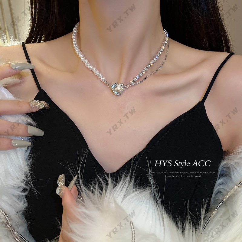 Dây chuyền xỏ ngọc trai mặt trái tim kim cương đơn giản phong cách Hàn Quốc thời trang cho nữ
