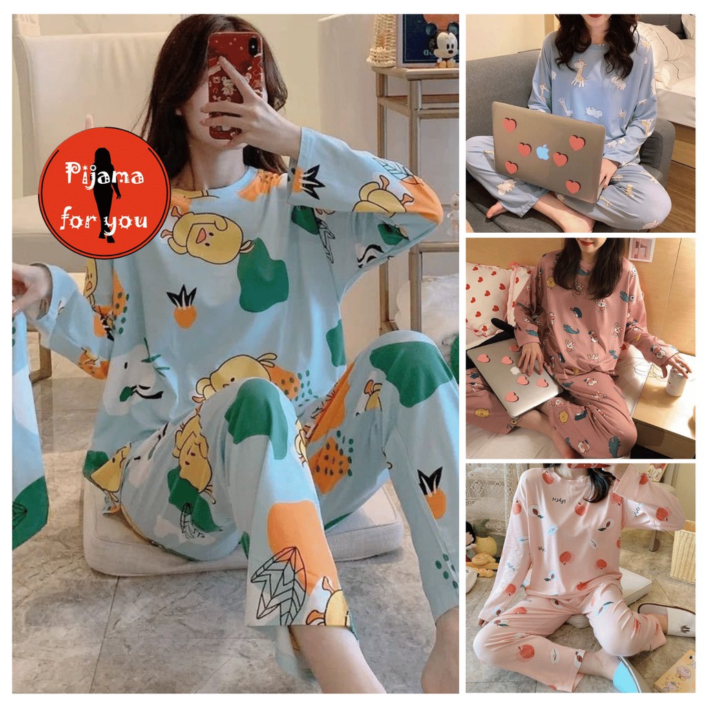 Đồ Bộ Nữ Thun Cotton Mềm Chất Dày, Bộ Quần Áo Dài Mặc Nhà Hoạ Tiết Đa Dạng