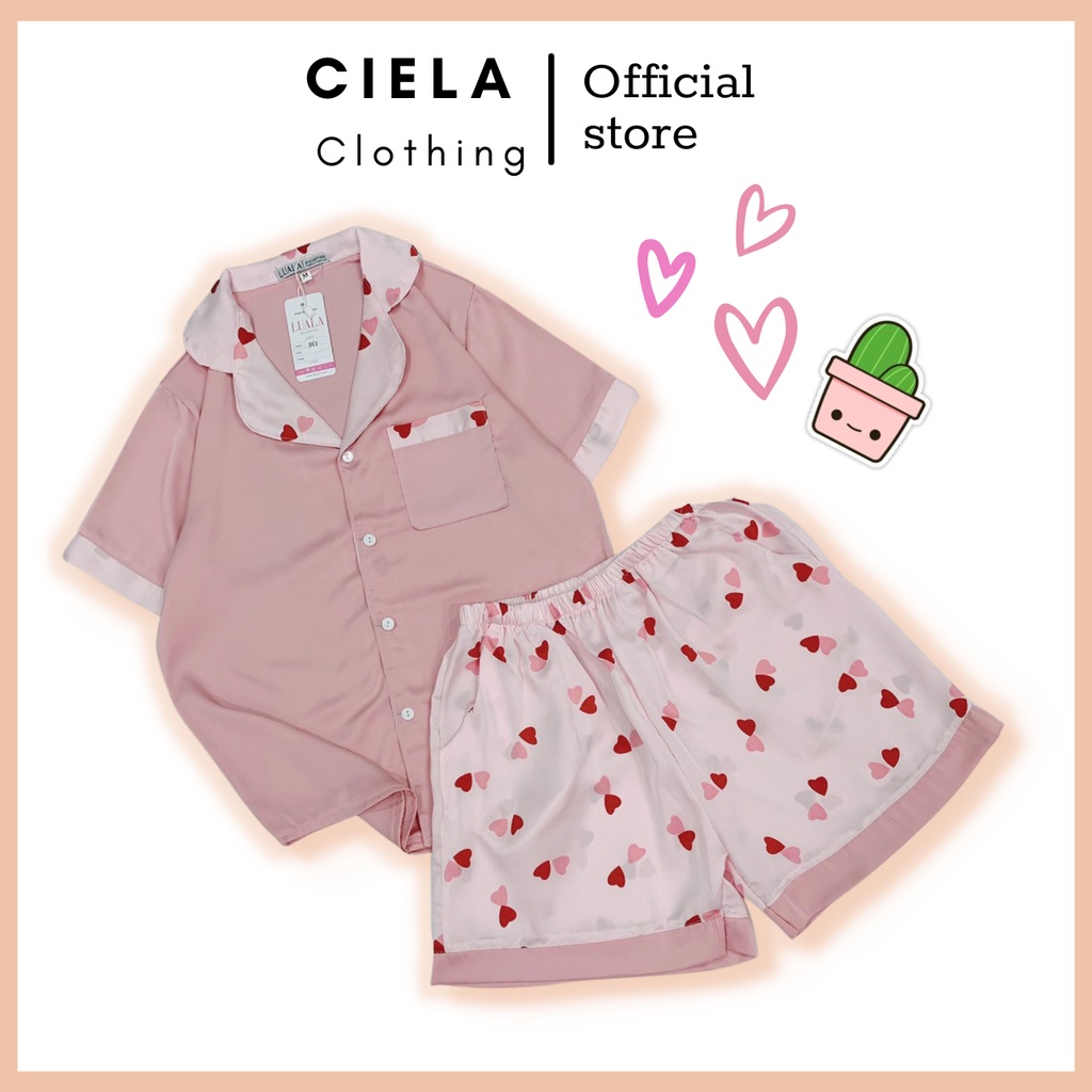 Set Bộ đồ Ngủ Pijama mặc nhà họa tiết Tim Nhỏ Hồng chất Lụa Satin mềm mịn, thoáng mát