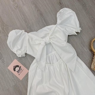 Đầm trắng tay phồng cột nơ sau