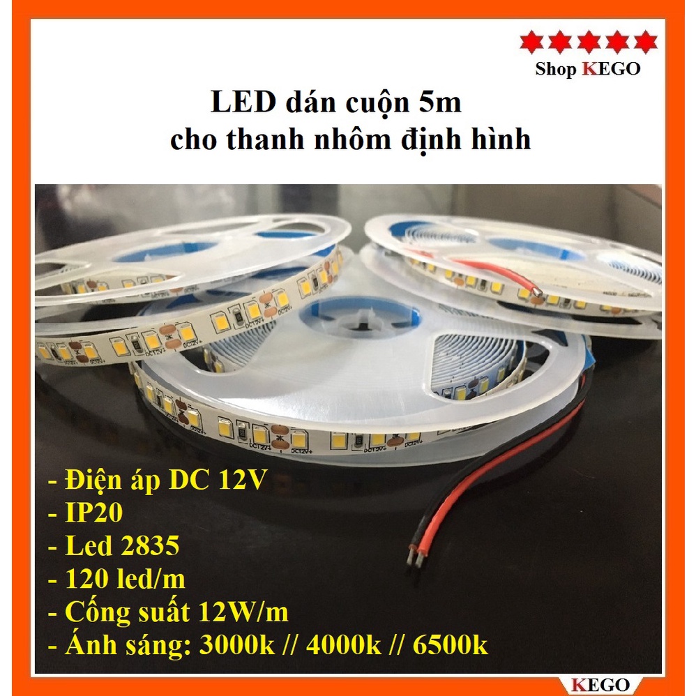 Dây Led dán thanh nhôm cuộn 5m chíp Led 2835 ánh sáng trắng, vàng, trung tính