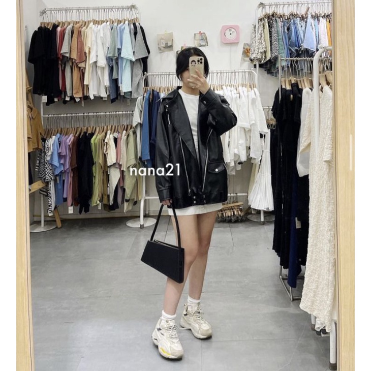 Áo khoác da đen nam nữ khóa chéo cá tính form rộng oversize dày dặn hàng Quảng Châu