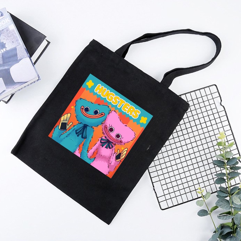 Túi tote vải đen đeo vai in hình game POPPY PLAYTIME phong cách anime chibi tiện lợi thời trang