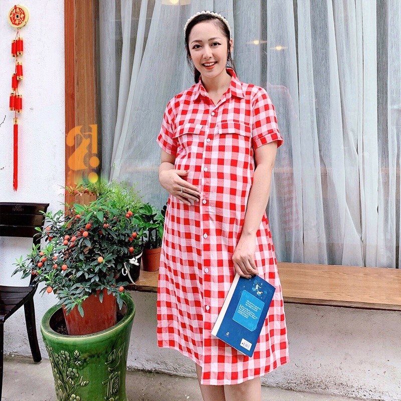 Đầm bầu, váy bầu thiết kế dáng sơmi kẻ lịch sự trẻ trung, chất liệu đũi Hàn mềm mát V10
