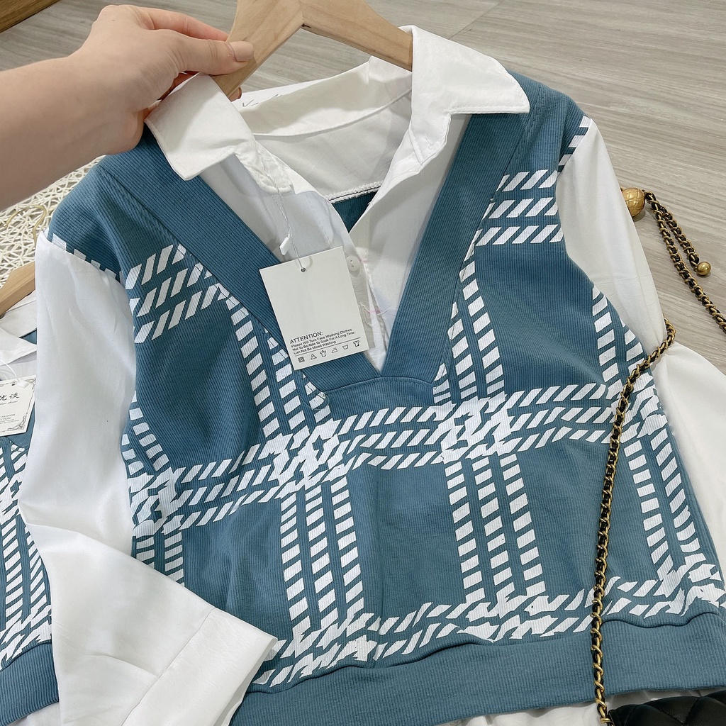 Áo sơ mi dài tay nữ phối áo gile kẻ caro ulzzang, Set áo gile len tăm họa tiết caro kèm áo sơ mi Hàn Quốc - Maoshop