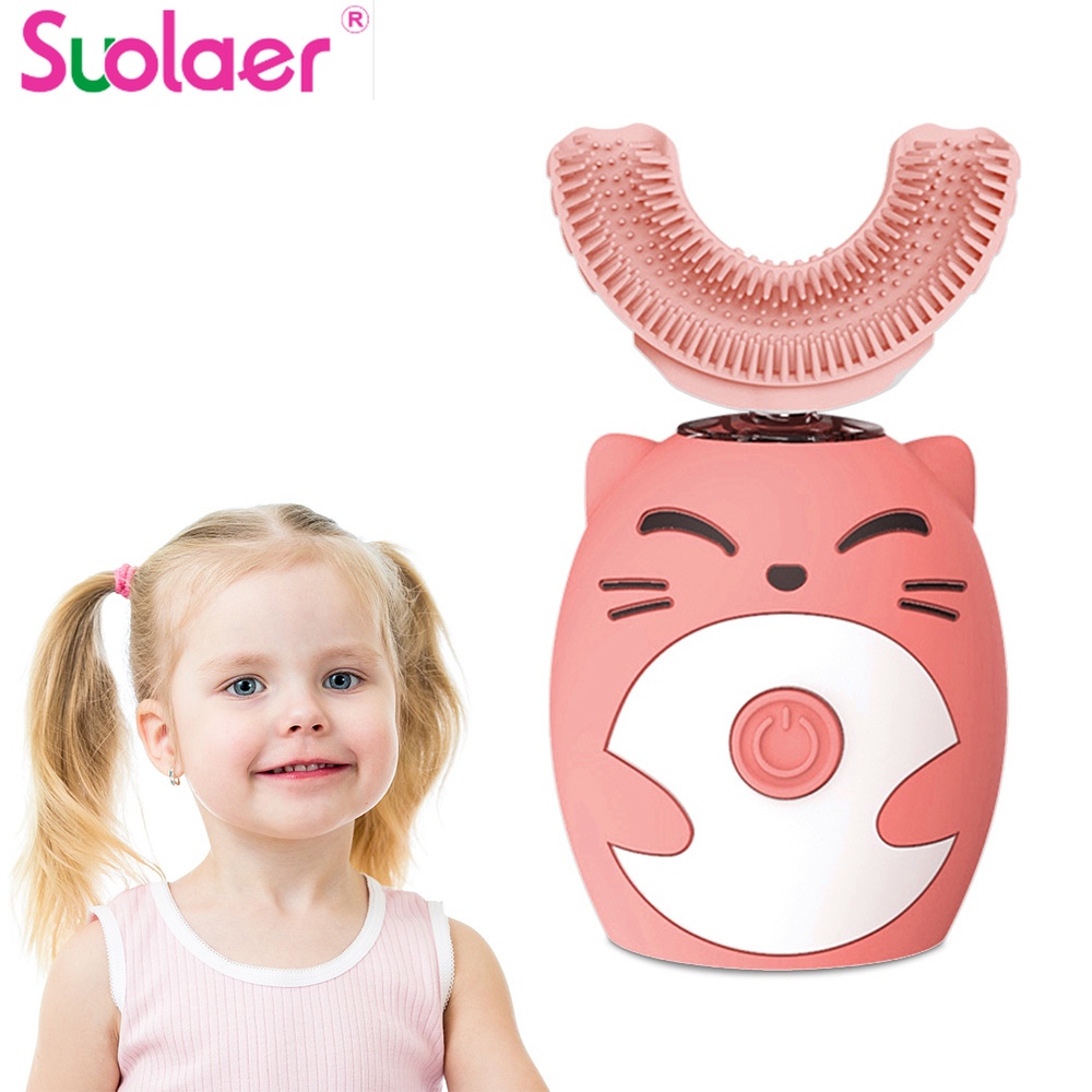Bàn chải đánh răng thông minh SUOLAER hình chữ U 360 độ bằng silicon sạc họa tiết hoạt hình đáng yêu cho bé