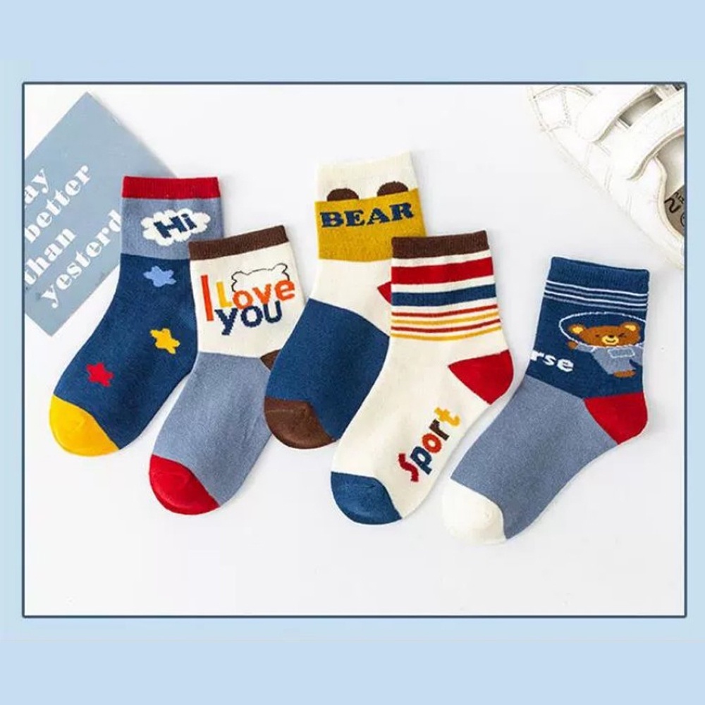 Set 5 đôi TẤT CAO CỔ  BEAR cotton mẫu mới, mềm mịn, giữ ấm chân cho bé 1-3 tuổi