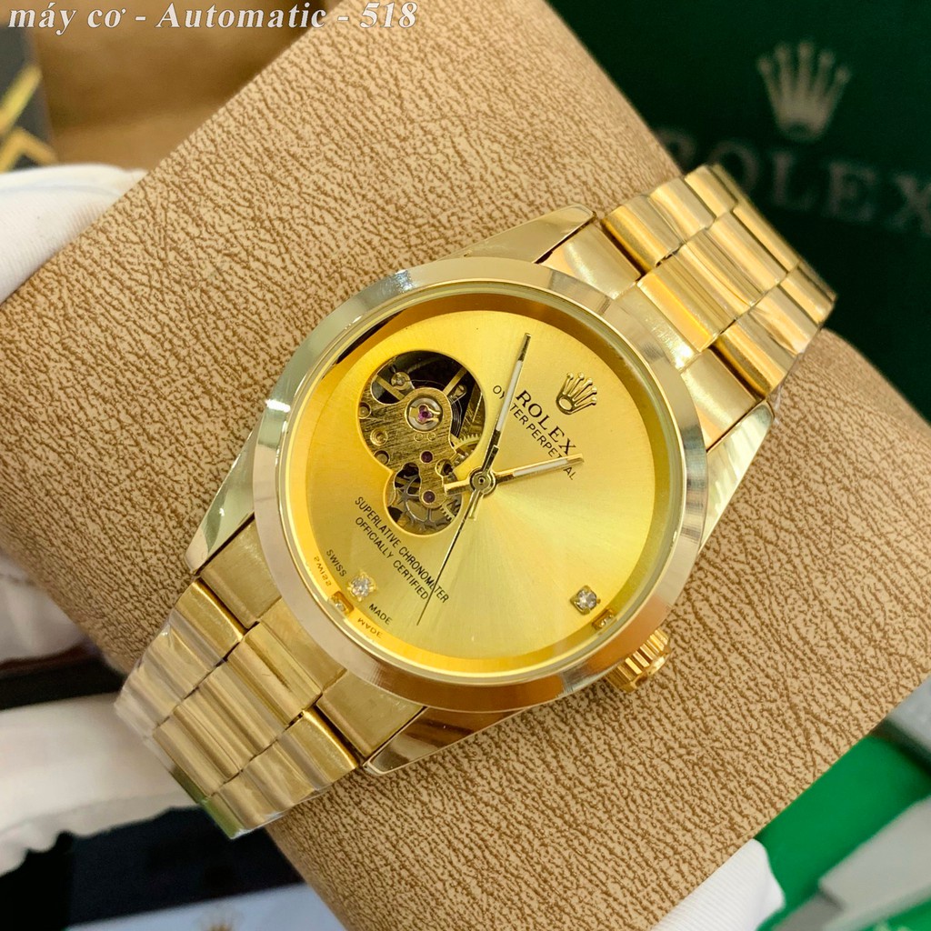 Đồng hồ nam Rolex mạ vàng 18k automatic chống nước lộ cợ DH518 - shop228