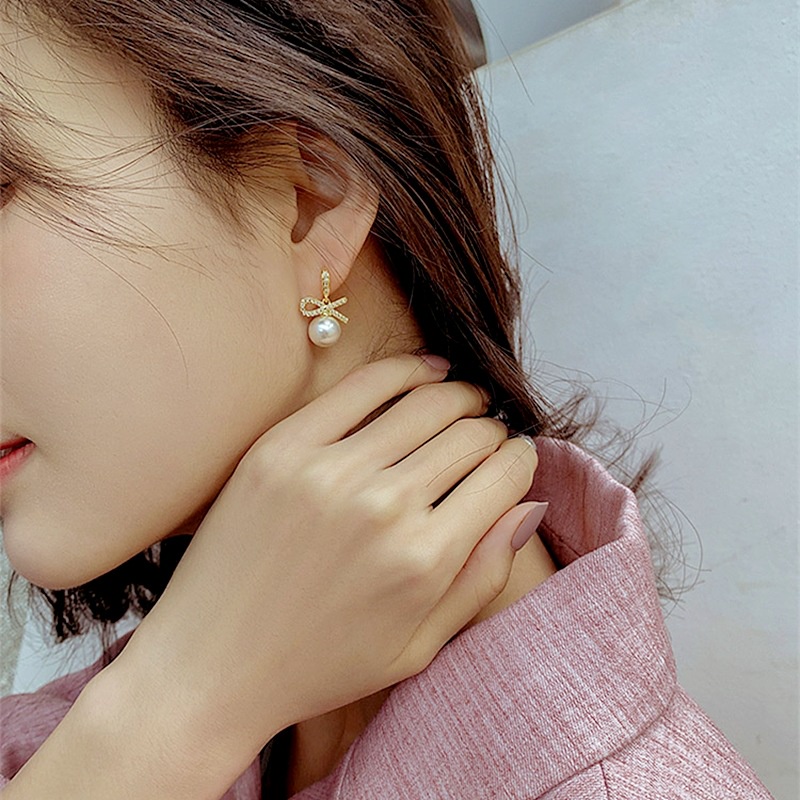 (MớI) Bông Tai HìNh Nơ ĐíNh HạT NgọC Trai Giả