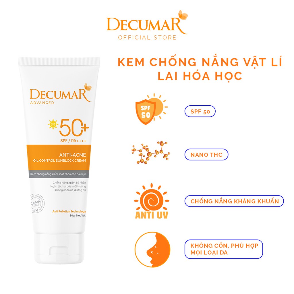 Kem Chống Nắng kiềm dầu nâng tone chuyên biệt cho da mụn Decumar Advanced Sunblock SPF50 (50gr)