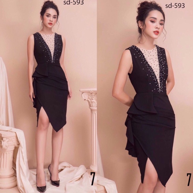 Đầm body ép đá tà xéo phối bèo M/L/XL/2XL⚡️Đầm dự tiệc
