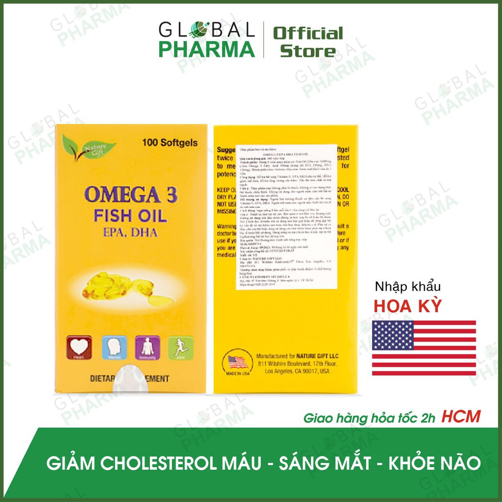 [NHẬP KHẨU MỸ] Viên dầu cá Omega 3 Tăng Cường Sức Khỏe, Tốt Cho Não, Mắt, Tim Mạch NATURE GIFT (Hộp 100v) | Thế Giới Skin Care