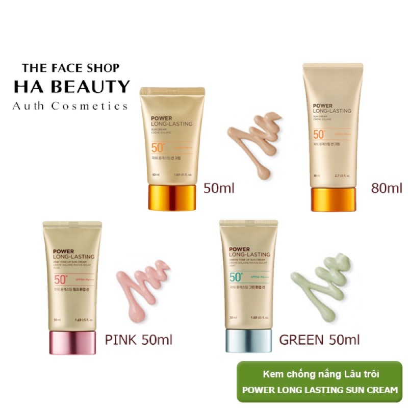 (AUTH_Korea)Kem Chống Nắng Nâng Tông Dịu Da POWER LONG LASTING GREEN Tone Up Sun Cream THE FACE SHOP 50ml