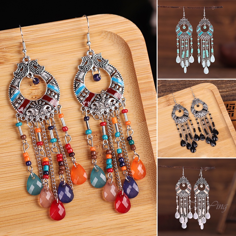 GETNOIVAS Đôi bông tai hợp kim đính đá hình giọt nước phối tua rua phong cách cổ điển thời trang cho nữ