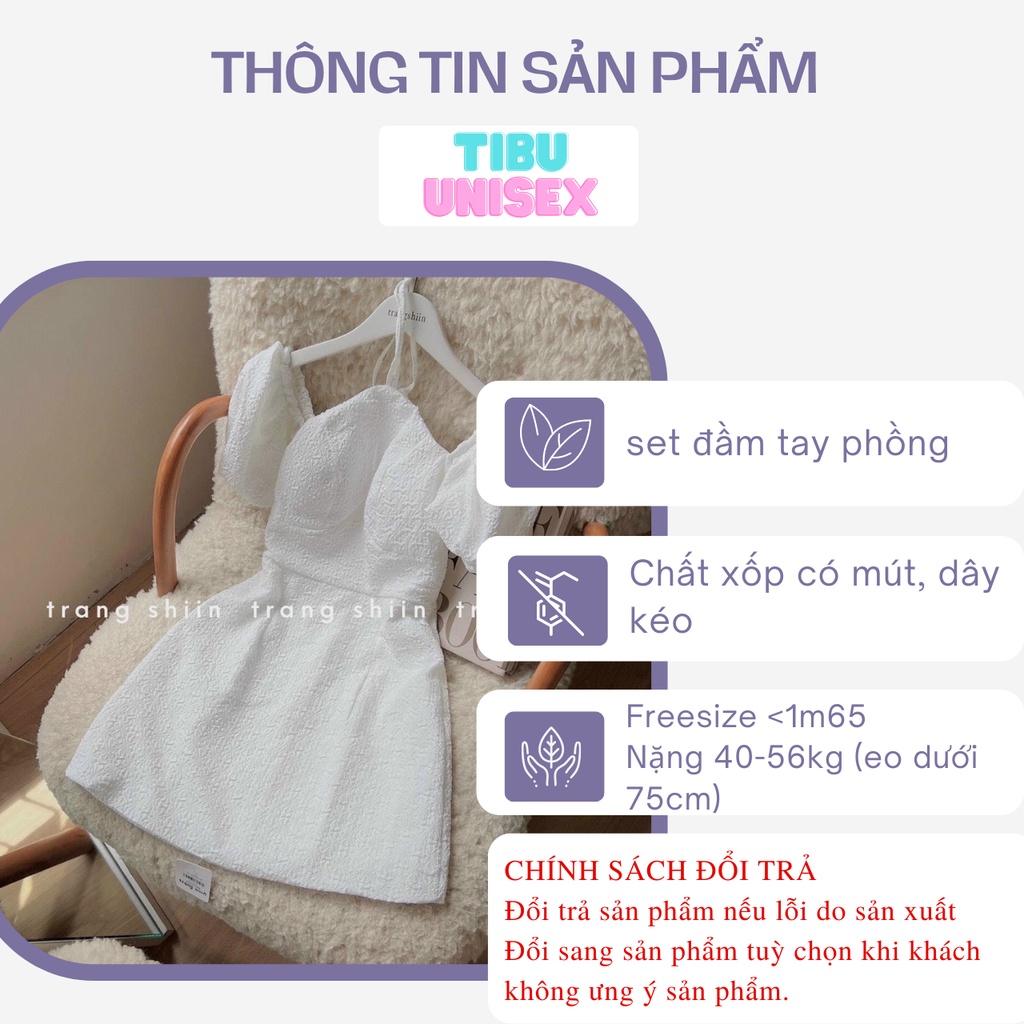 Đầm tiểu thư tay phồng Tibu, Váy Nữ hở vai phối cổ yếm dễ thương hai màu đen trắng thích hợp dự tiệc đi chơi