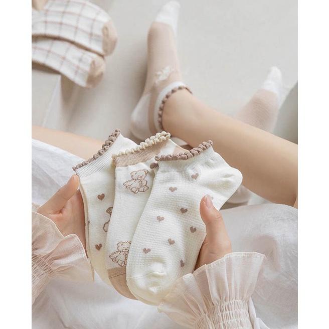 PVN49467 Set 5 đôi tất nữ, vớ nữ cổ ngắn style vintage dễ thương, chất liêu thoáng mát co giãn 4 chiều Giá Rẻ