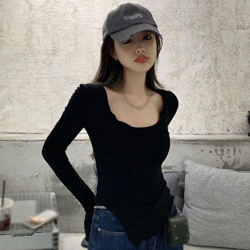 Áo thun tay dài màu trơn cổ tròn đơn giản phong cách Hàn Quốc