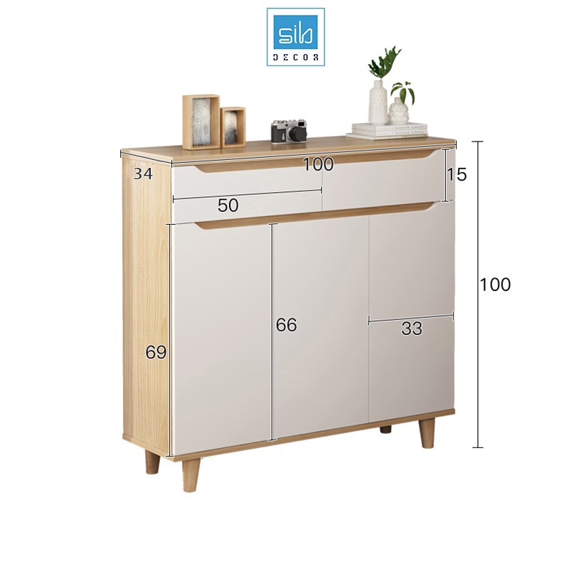 Tủ Gỗ Để Giày Thiết Kế Hiện Đại Chân Gỗ Tự Nhiên, Hệ Cánh Và Ngăn Kéo Tay Nắm Cách Điệu Thương Hiệu SIB Decor
