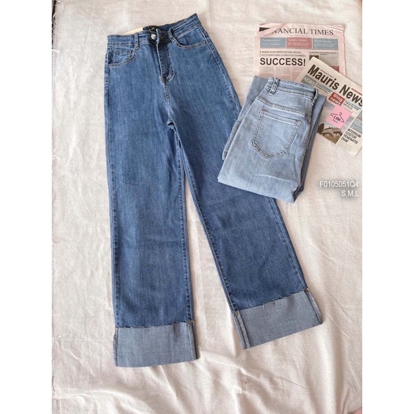 Quần Jeans nữ dài trơn lưng cao ống đứng suông lật lai tôn dáng - Vien's Store