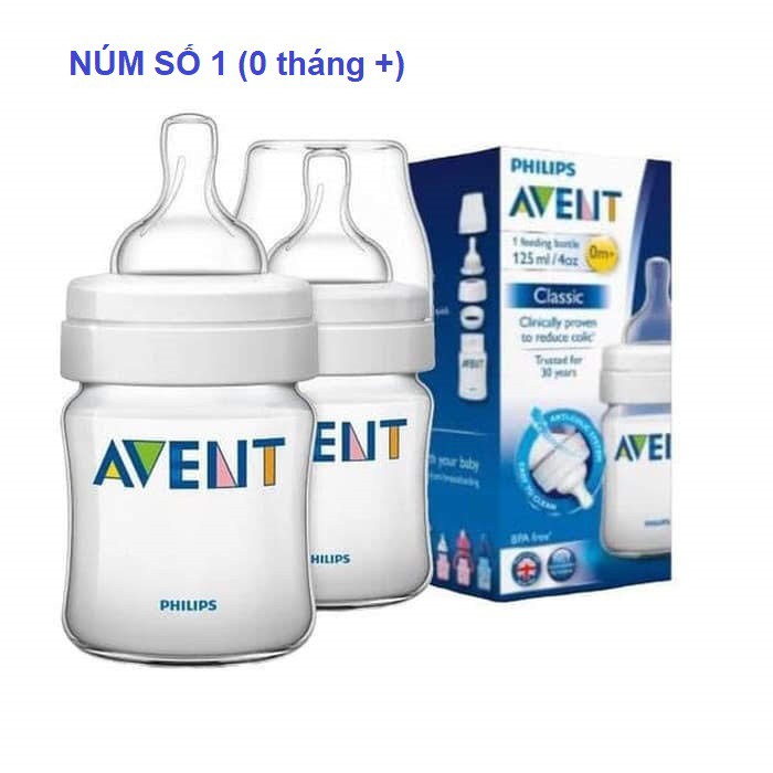 Bình sữa Philips Avent Classic 125ml (Cho bé từ 0 đến 3 tháng, Núm số 01)