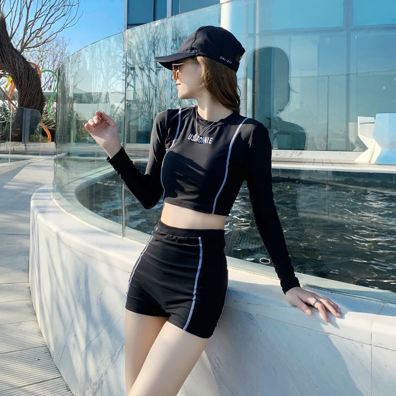 Bộ Đồ Bơi Thể Thao Tay Dài Quần Lưng Cao Ôm Dáng Phong Cách Hàn Quốc Thời Trang Cho Nữ