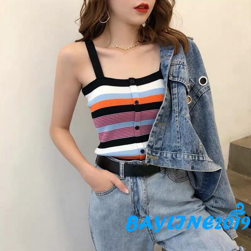 Áo croptop hai dây dệt kim họa tiết kẻ sọc nhiều màu sắc thời trang mùa hè cho nữ