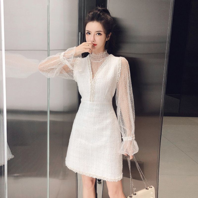 Set váy đầm đính cườm kèm áo ren tay dài sang chảnh xịn đẹp quyến rũ