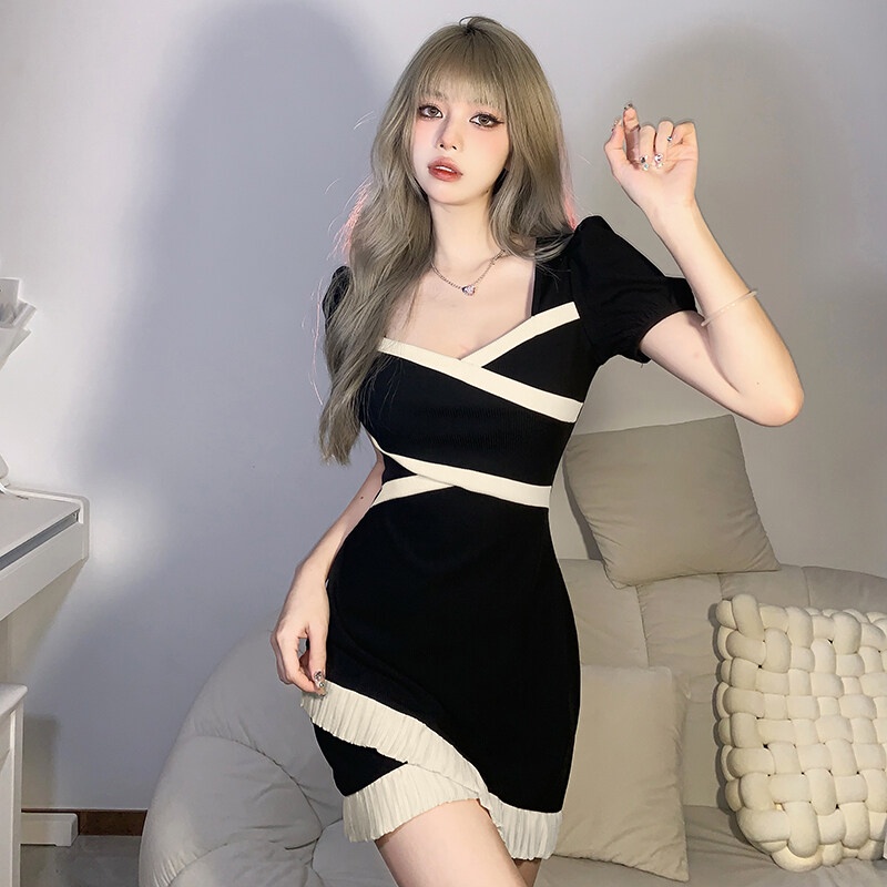 Kliou Đầm chữ A KLIOU tay phồng ngắn phối ren phong cách Pháp ngọt ngào thanh lịch cho nữ