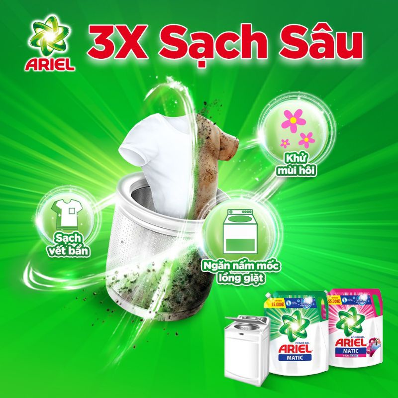 Nước Giặt ARIEL Cửa Trước Tươi Mát Rực Rỡ/ Bung Tỏa Đam Mê - Túi 3.6kg/ 3.25kg/ 3.05kg