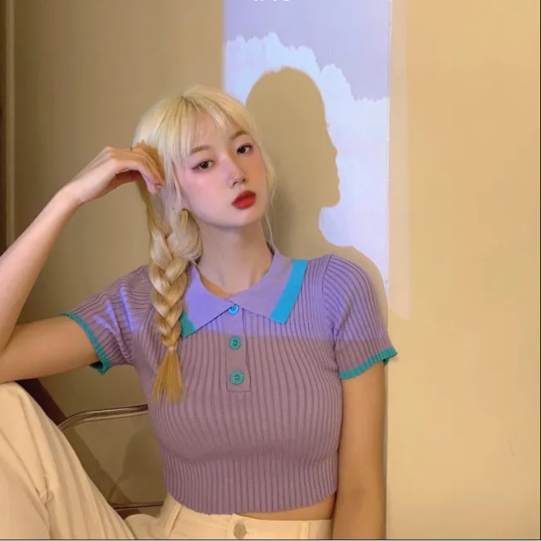 Áo croptop dệt kim ngắn tay có cổ thời trang mùa hè cho nữ