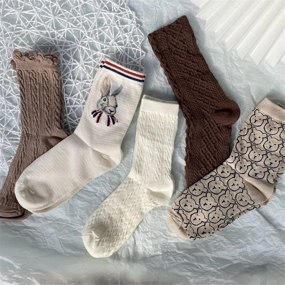 Vớ Cotton Cổ Cao Đến Bắp Chân Họa Tiết Gấu Màu Cà Phê Dễ Thương Cho Nữ