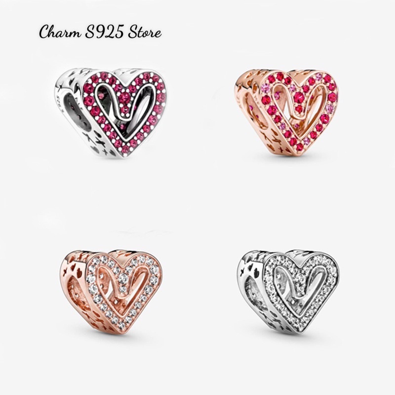 charm pan xỏ ngang tim đính đá nhỏ bạc s925 cao cấp