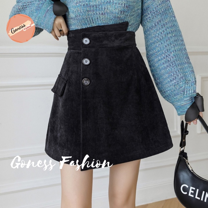 Chân váy ngắn Goness cạp cao vải nhung tăm vạt lệc phối 3 cúc siêu tôn dáng | BigBuy360 - bigbuy360.vn