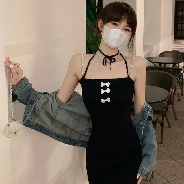 Đầm Hai Dây Ngắn Ôm Hông Đính Nơ Gợi Cảm 【ZHELIHANGFEI】