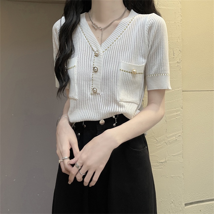 SUXI Áo Thun Dệt Kim Tay Ngắn Cổ Chữ V Màu Sắc Trơn Phong Cách Hàn Quốc Cho Nữ