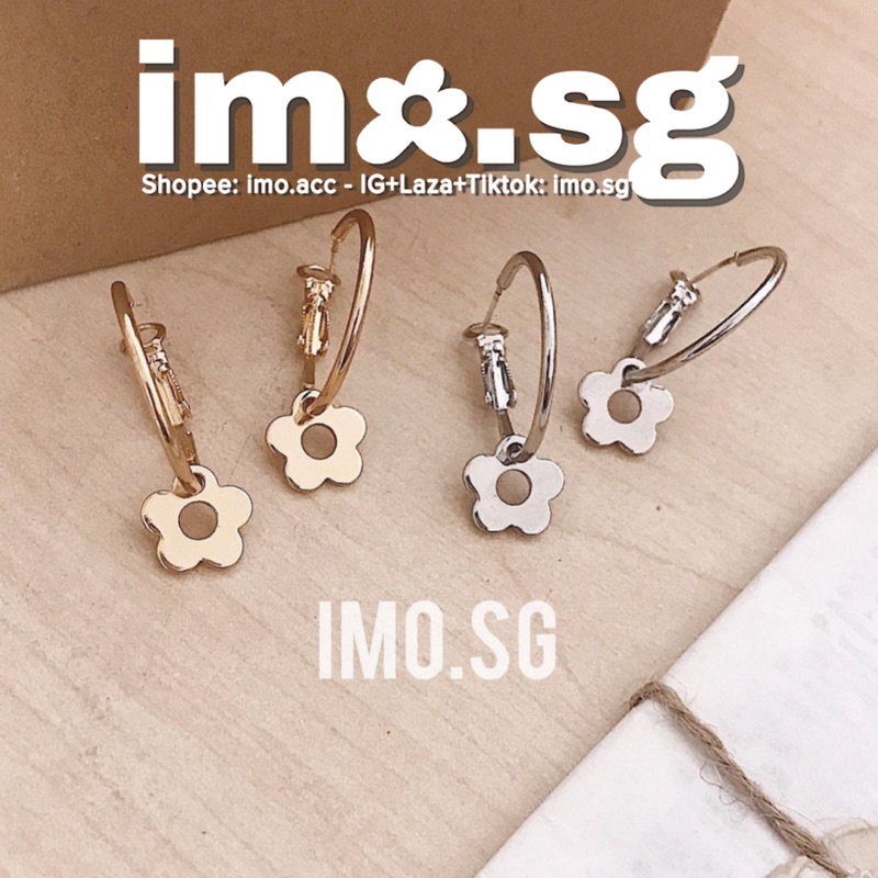 Bông tai tròn móc hoa 5 cánh imo.sg kim bạc 925 nhỏ nhắn xinh xắn sang xịn độc lạ cá tính phong cách hàn quốc