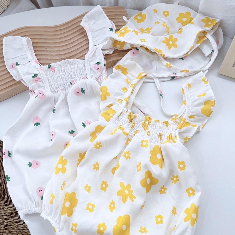 Bodysuit Bé Gái Cánh Tiên Chun Ngực Kèm Mũ, Bodysuit Sơ Sinh, Đầm Đầy Tháng, Body Liền Thân, Set Đồ Cho Bé Gái