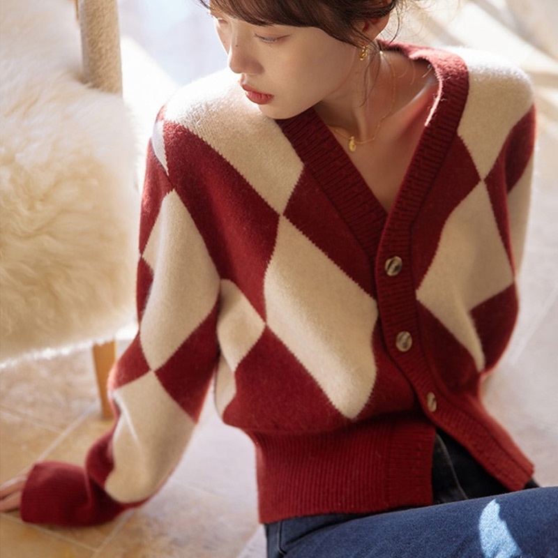 Hàng Sẵn_Áo  dệt kim cardigan ngắn nữ mùa xuân và mùa thu retro cổ chữ V vào đầu mùa thu