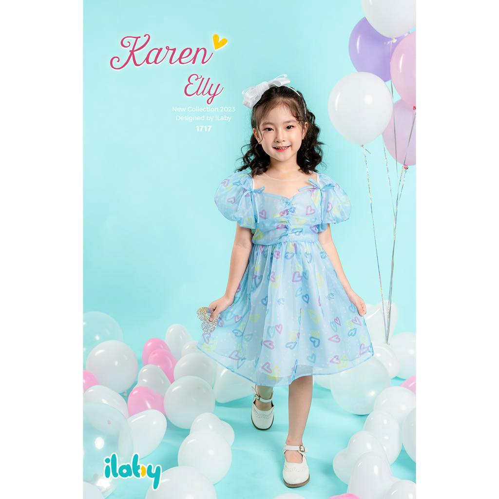 Váy công chúa bé gái ILABY họa tiết ngực nhún phối nơ vai chất liệu voan tơ mềm cho bé 10-36kg [10IG1717D3DL]