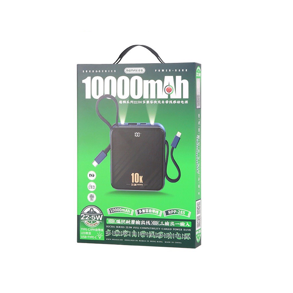 Pin sạc dự phòng 10000mah Remax RPP 285 sạc nhanh 20w và tích hợp 2 dây sạc, có 2 đèn pin led
