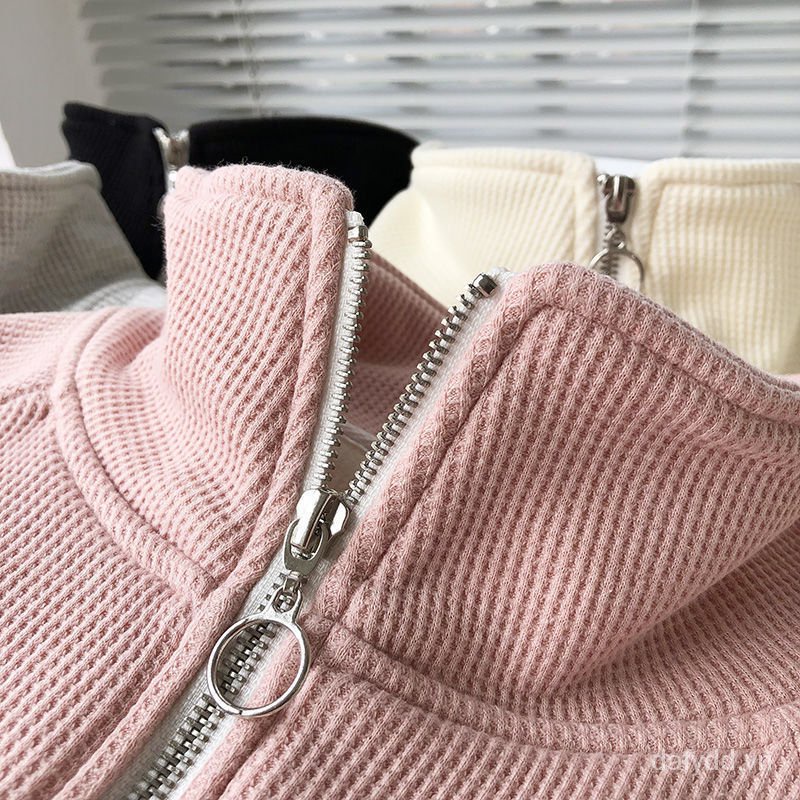 Áo sweater cổ đứng phối dây kéo dáng rộng phong cách Hàn Quốc thời trang mùa thu cho nữ