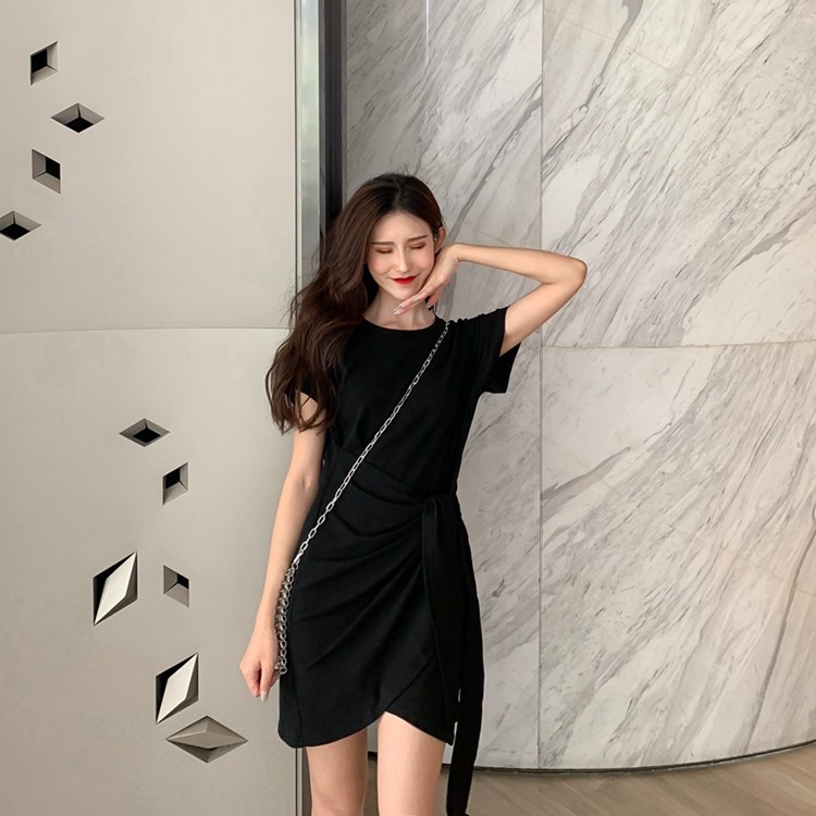 Casual Dress for Women Loose Dress Korean Dress for Women Black Dress Grey Cotton Dress Short Sleeve Midi Dresses for Women Koean Dress Woman Dress Irregularity T Shirt Dress